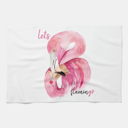 Modern Exotic Pink Lets Flamingo Watercolor  Kitchen Towel