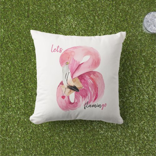 Modern Exotic Pink Lets Flamingo Watercolor Outdoor Pillow