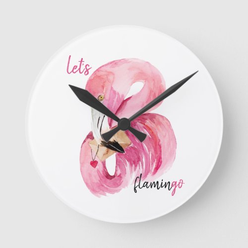 Modern Exotic Pink Lets Flamingo Watercolor   Round Clock