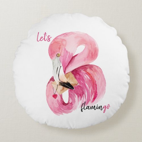 Modern Exotic Pink Lets Flamingo Watercolor Round Pillow