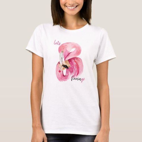 Modern Exotic Pink Lets Flamingo Watercolor  T_Shirt