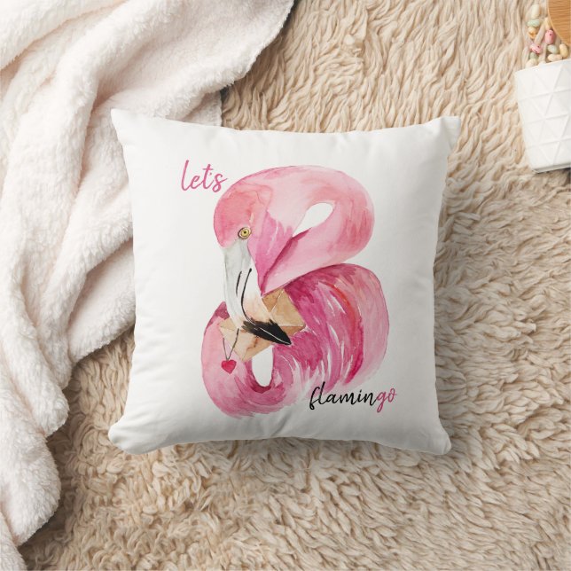Modern Exotic Pink Let's Flamingo Watercolor  Throw Pillow (Blanket)