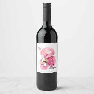 Modern Exotic Pink Let's Flamingo Watercolor  Wine Label