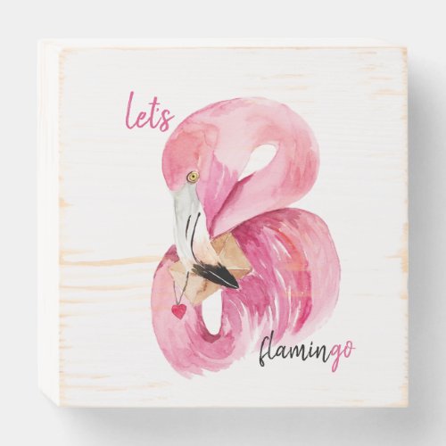 Modern Exotic Pink Lets Flamingo Watercolor Wooden Box Sign