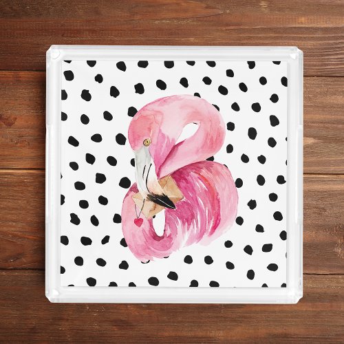 Modern Exotic Pink Watercolor Flamingo  Dots Acrylic Tray