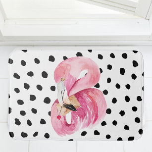 Modern Exotic Pink Watercolor Flamingo & Dots Bath Mat