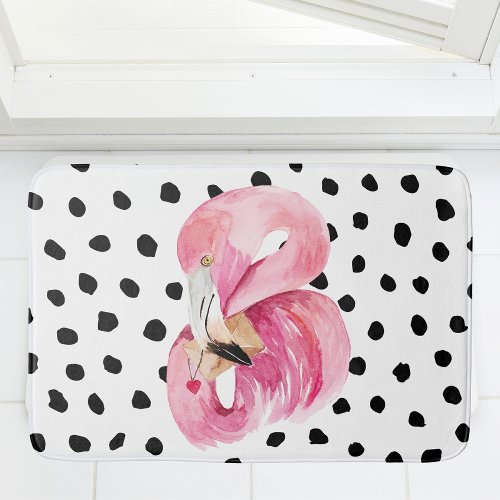 Modern Exotic Pink Watercolor Flamingo  Dots Bath Mat