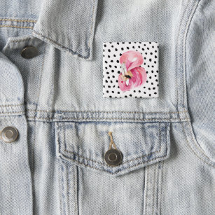 Modern Exotic Pink Watercolor Flamingo & Dots Button