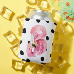 Modern Exotic Pink Watercolor Flamingo &amp; Dots Can Cooler