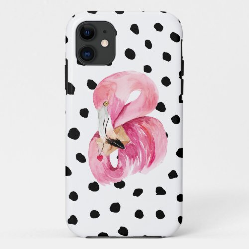 Modern Exotic Pink Watercolor Flamingo  Dots iPhone 11 Case