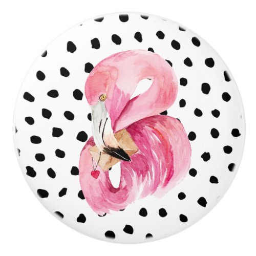 Modern Exotic Pink Watercolor Flamingo  Dots Ceramic Knob
