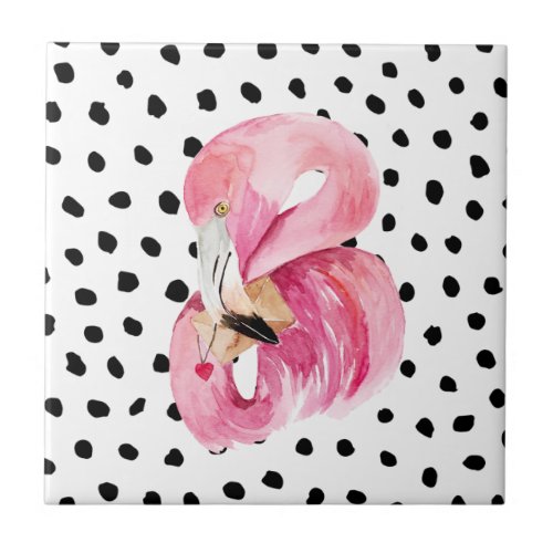 Modern Exotic Pink Watercolor Flamingo  Dots Ceramic Tile