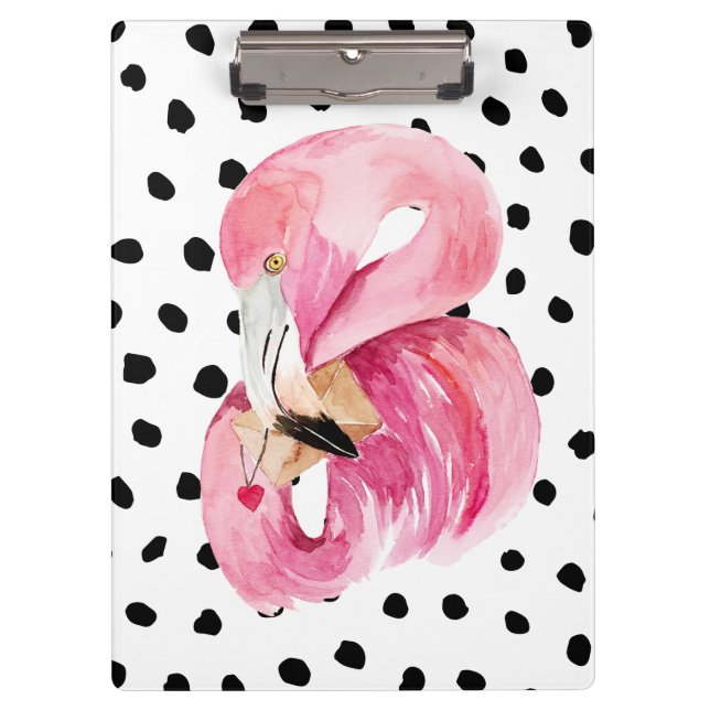 Modern Exotic Pink Watercolor Flamingo & Dots Clipboard (Front)