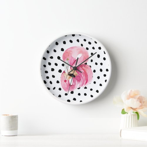 Modern Exotic Pink Watercolor Flamingo  Dots Clock