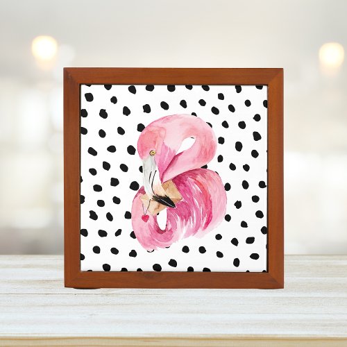 Modern Exotic Pink Watercolor Flamingo  Dots Desk Organizer