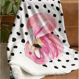 Modern Exotic Pink Watercolor Flamingo & Dots Fleece Blanket
