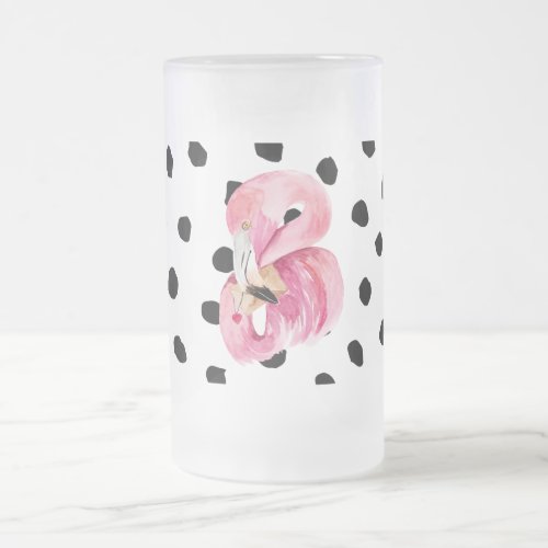 Modern Exotic Pink Watercolor Flamingo  Dots Frosted Glass Beer Mug