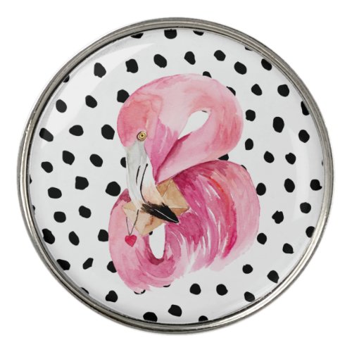 Modern Exotic Pink Watercolor Flamingo  Dots Golf Ball Marker