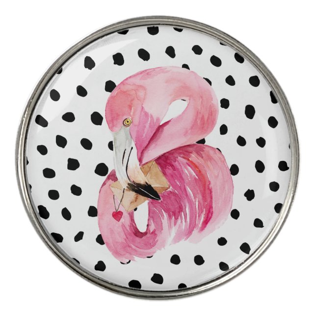Modern Exotic Pink Watercolor Flamingo & Dots Golf Ball Marker (Front)