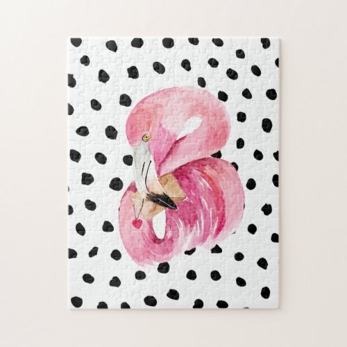Modern Exotic Pink Watercolor Flamingo  Dots Jigsaw Puzzle