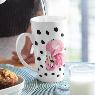Modern Exotic Pink Watercolor Flamingo & Dots Latte Mug