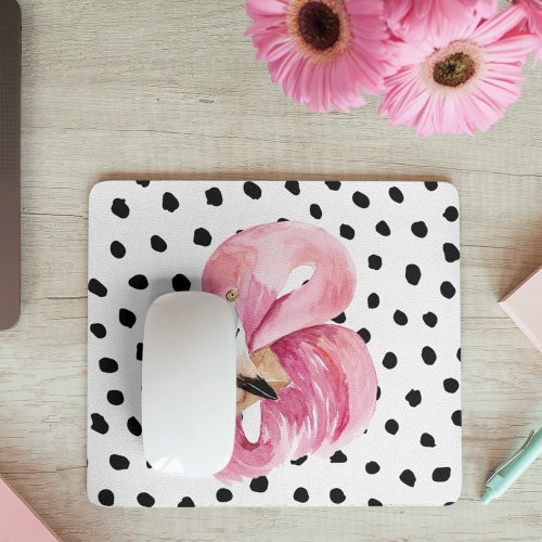 Modern Exotic Pink Watercolor Flamingo  Dots Mouse Pad