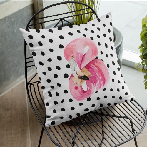 Modern Exotic Pink Watercolor Flamingo  Dots Outdoor Pillow