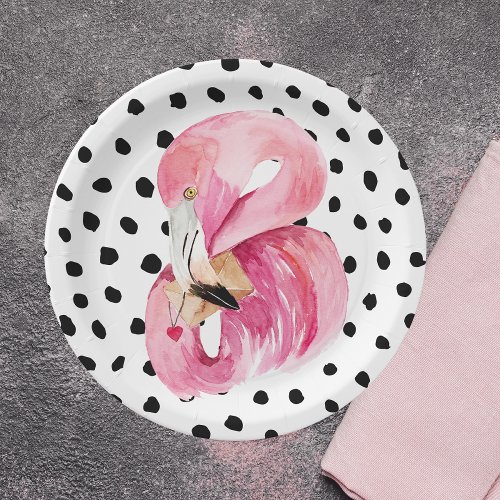 Modern Exotic Pink Watercolor Flamingo  Dots Paper Plates