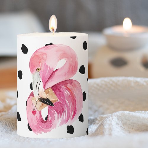 Modern Exotic Pink Watercolor Flamingo  Dots Pillar Candle