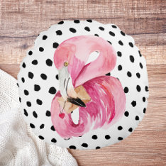 Modern Exotic Pink Watercolor Flamingo & Dots Round Pillow at Zazzle