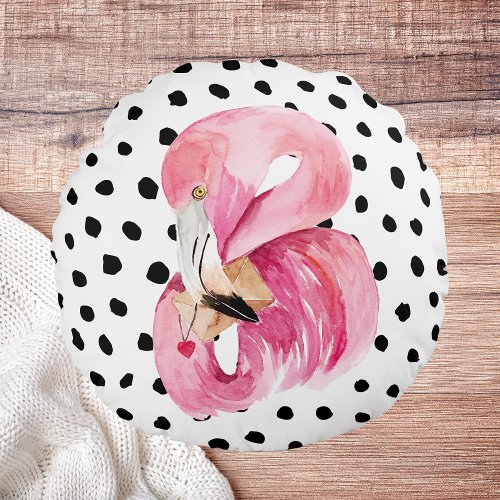 Modern Exotic Pink Watercolor Flamingo  Dots Round Pillow