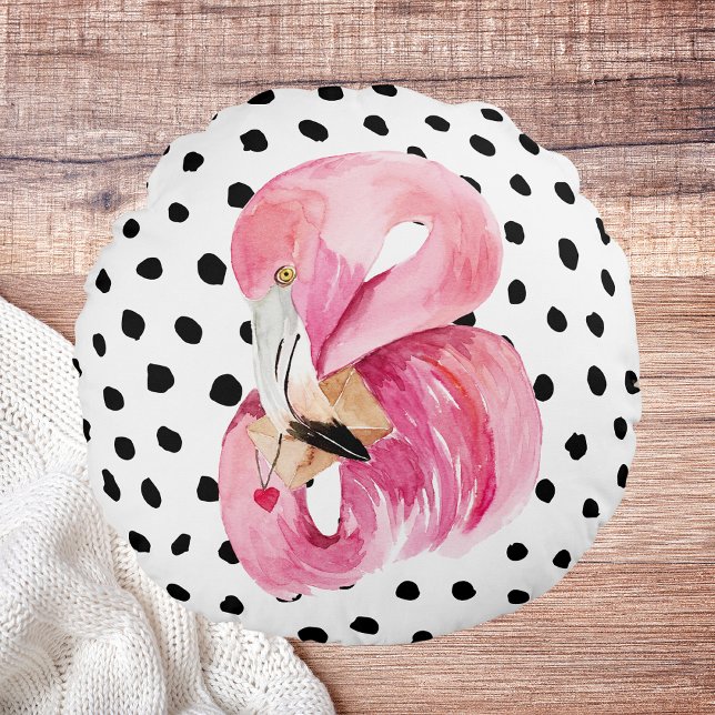 Modern Exotic Pink Watercolor Flamingo & Dots Round Pillow (Creator Uploaded)