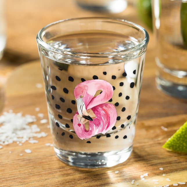 Modern Exotic Pink Watercolor Flamingo & Dots Shot Glass (Creator Uploaded)