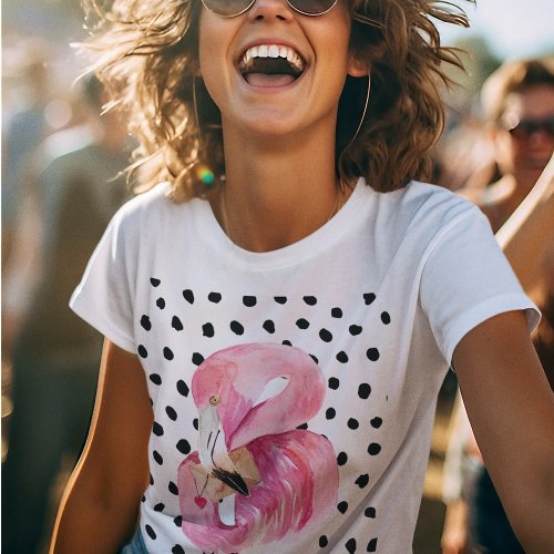 Modern Exotic Pink Watercolor Flamingo  Dots T_Shirt