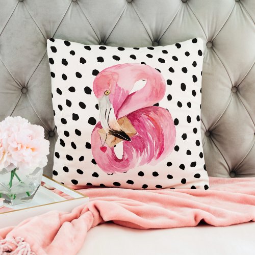 Modern Exotic Pink Watercolor Flamingo  Dots Throw Pillow