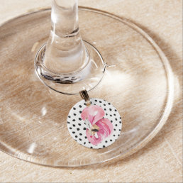 Modern Exotic Pink Watercolor Flamingo &amp; Dots Wine Charm