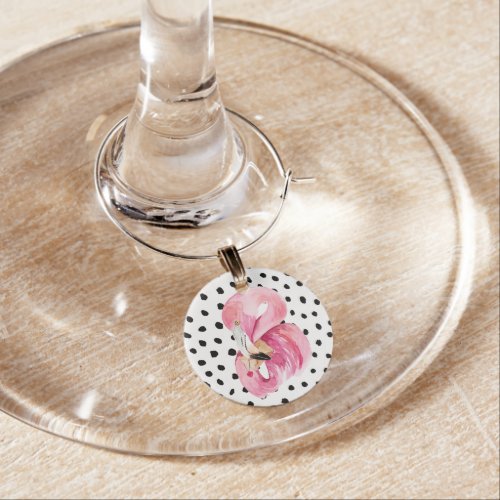Modern Exotic Pink Watercolor Flamingo  Dots Wine Charm