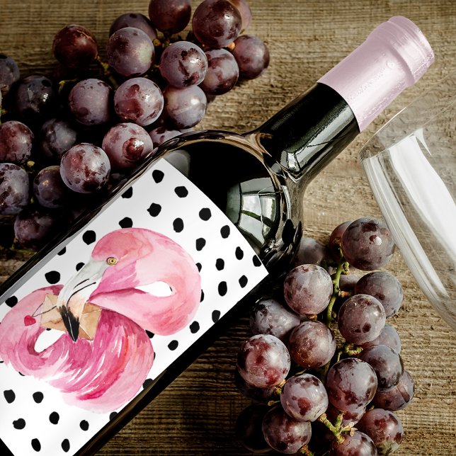 Modern Exotic Pink Watercolor Flamingo & Dots Wine Label (Creator Uploaded)