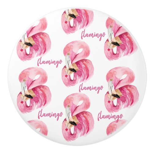 Modern Exotic Pink Watercolor Flamingo Pattern Ceramic Knob
