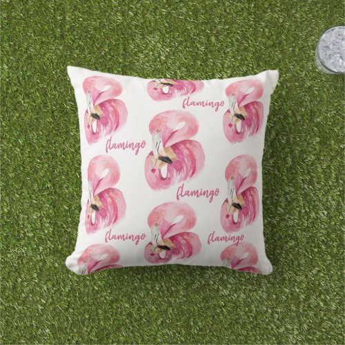 Modern Exotic Pink Watercolor Flamingo Pattern Outdoor Pillow