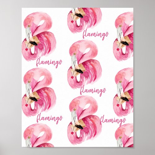 Modern Exotic Pink Watercolor Flamingo Pattern Poster