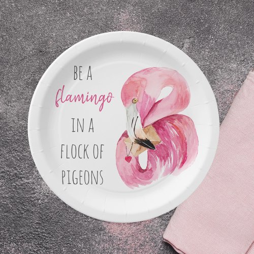 Modern Exotic Pink Watercolor Flamingo With Quote Paper Plates