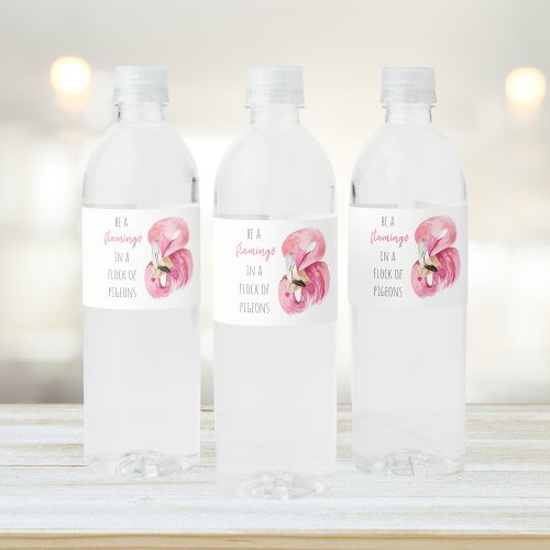 Modern Exotic Pink Watercolor Flamingo With Quote Water Bottle Label