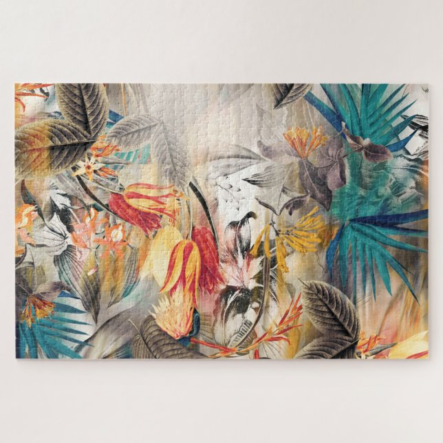 Modern Exotic Tropical Watercolor Floral Jigsaw Puzzle (Horizontal)