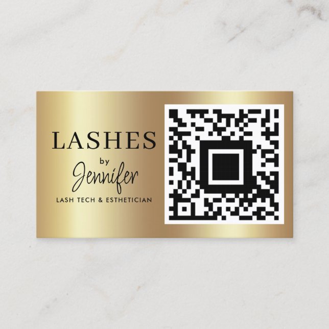Modern Eyelash Extensions QR Code Black and Gold Business Card (Front)