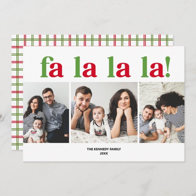 Modern Fa La La three photo Christmas Card (Front/Back)