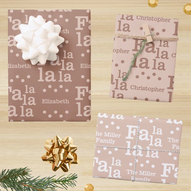 Modern Fa La Mocha Simple Add Name Christmas Wrapping Paper Sheets (Festive Fa la la la la gift wrap sheets in mocha chocolate mousse with your names in the design)