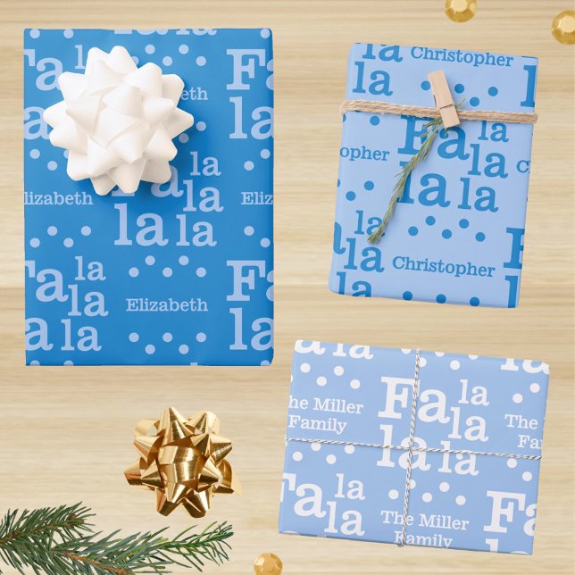 Modern Fa La Sky Blue Simple Add Name Christmas Wrapping Paper Sheets (Three festive blue designs on this personalized Christmas typography gift wrap)