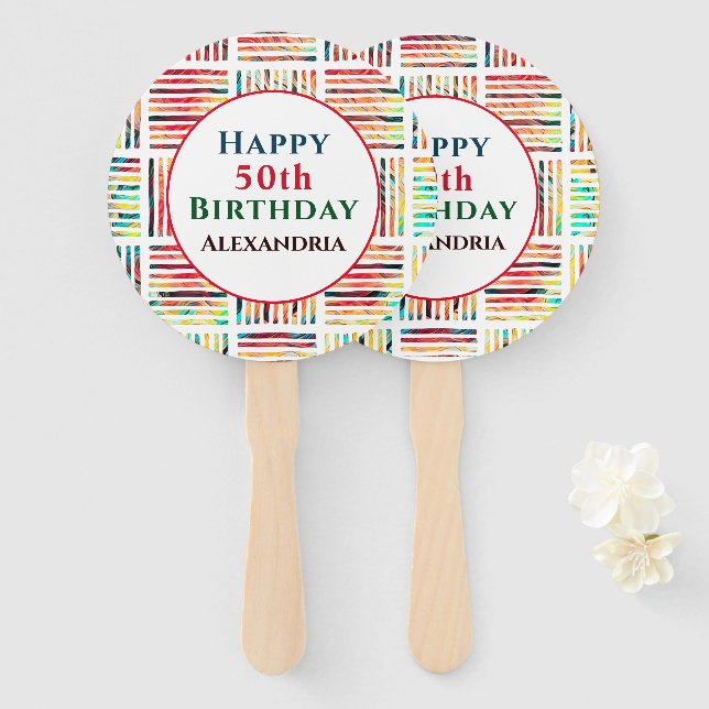 Modern Fabulous 50th Birthday Geometric Custom Hand Fan (Front and Back)
