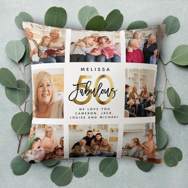 Modern Fabulous 50th Birthday Photo Collage Gold Throw Pillow (Creator Uploaded)